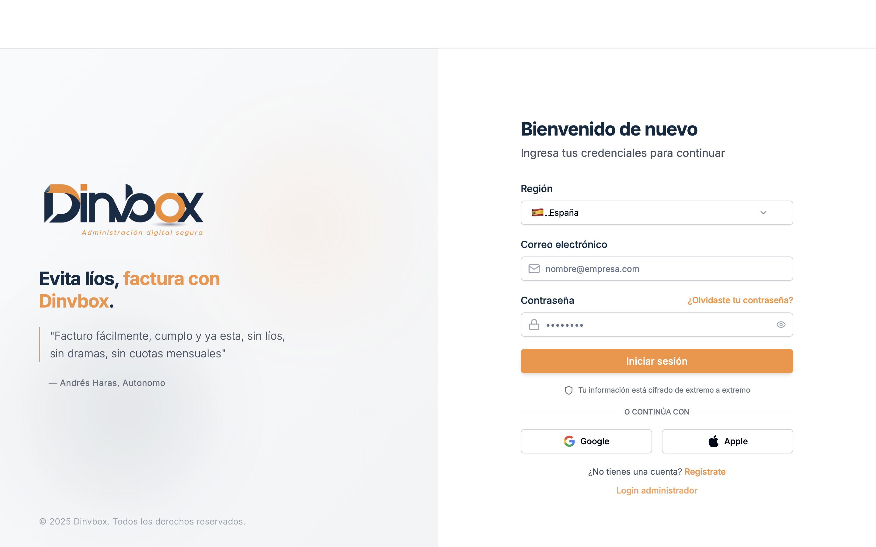 Pantalla de acceso a la plataforma de facturación electrónica DINVBOX